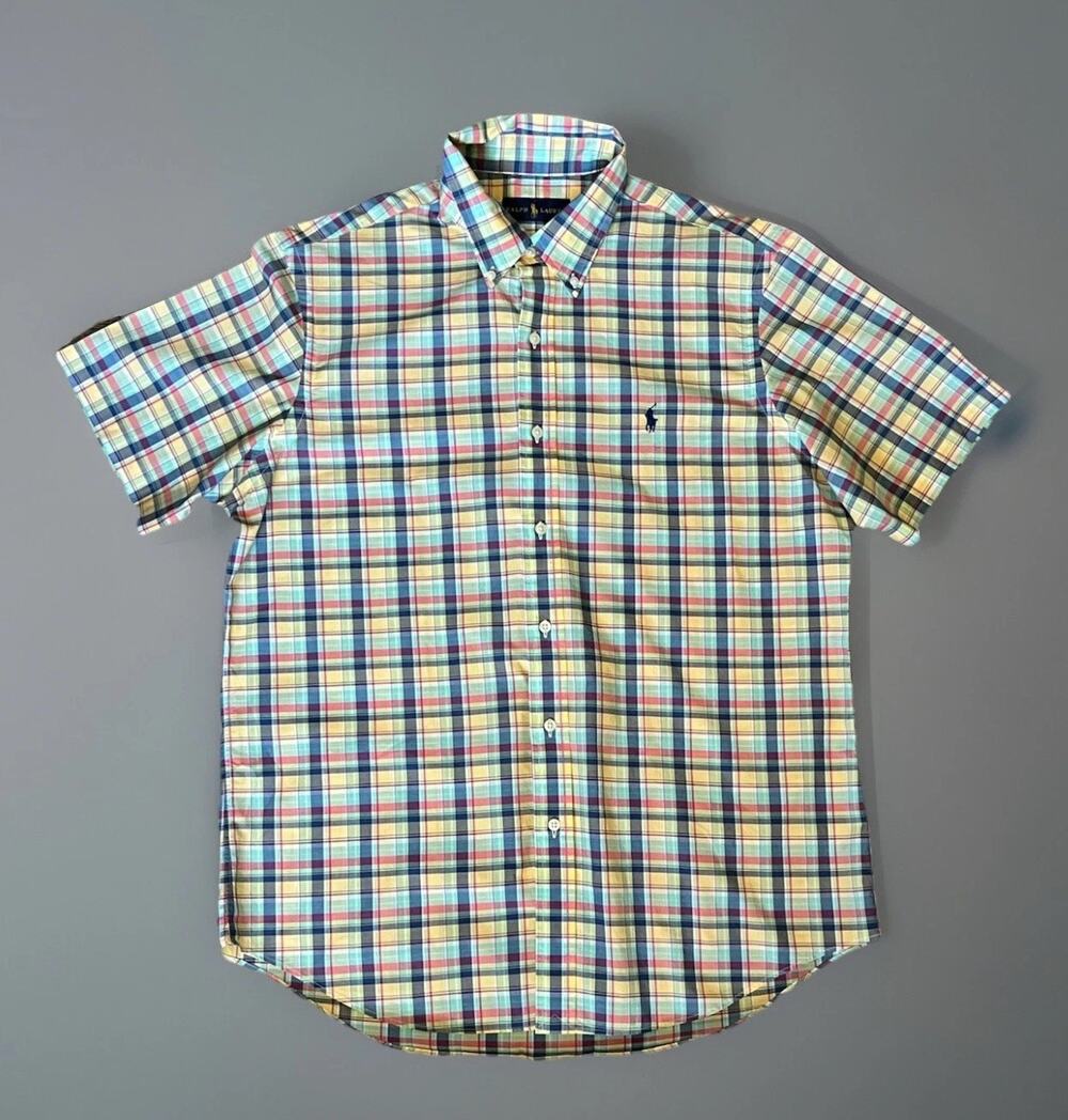 Ralph Lauren Men L Short Sleeve Button Down Shirt Madras Plaid Multicolor Cotton